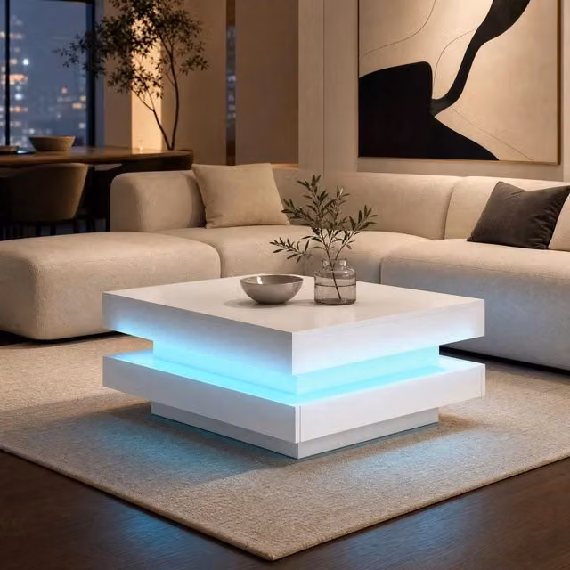Tavolino da caffè quadrato MODFU bianco lucido con LED Bluetooth e USB L/P/H: 70 x 70 x 36 cm – 1