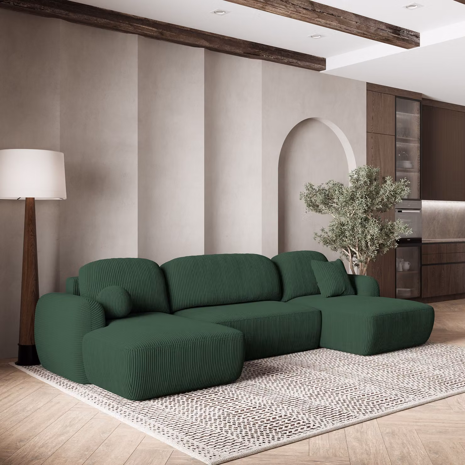 Divano angolare SAVONA P di Masseno con funzione letto a U, divano con box letto, divano da soggiorno, divano, divano letto, set di divani - verde, POSO 14