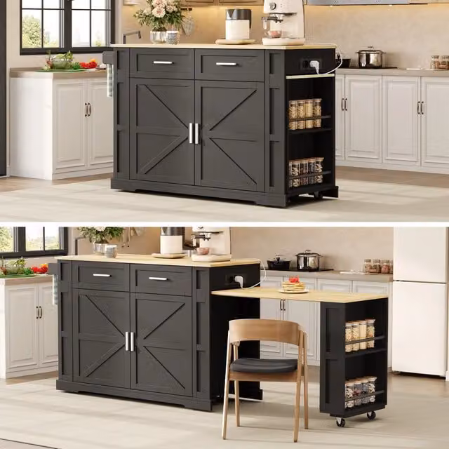 Isola da cucina con piano allungabile ¨C Minimal ¨C 120x50x93cm, nero effetto rovere, 2 cassetti, armadio a doppia porta, 7 ruote
