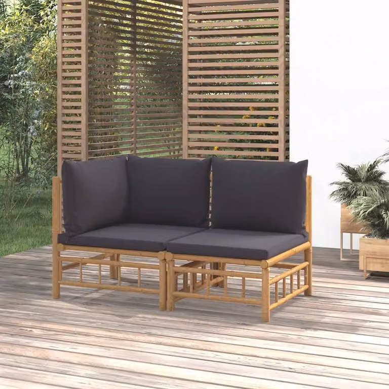 Set Salotto da Giardino vidaXL a Forma di L in Bambù con Cuscini Imbottiti Grigio e Marrone