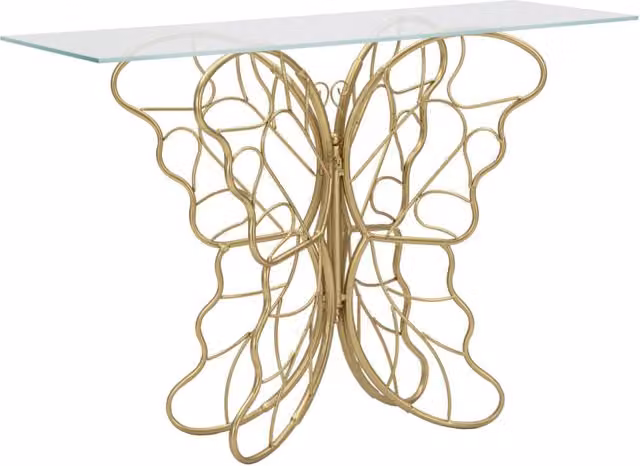 Consolle Butterfly Vikasa Home in ferro e vetro gold, L 110 x P 40 x H 76 cm