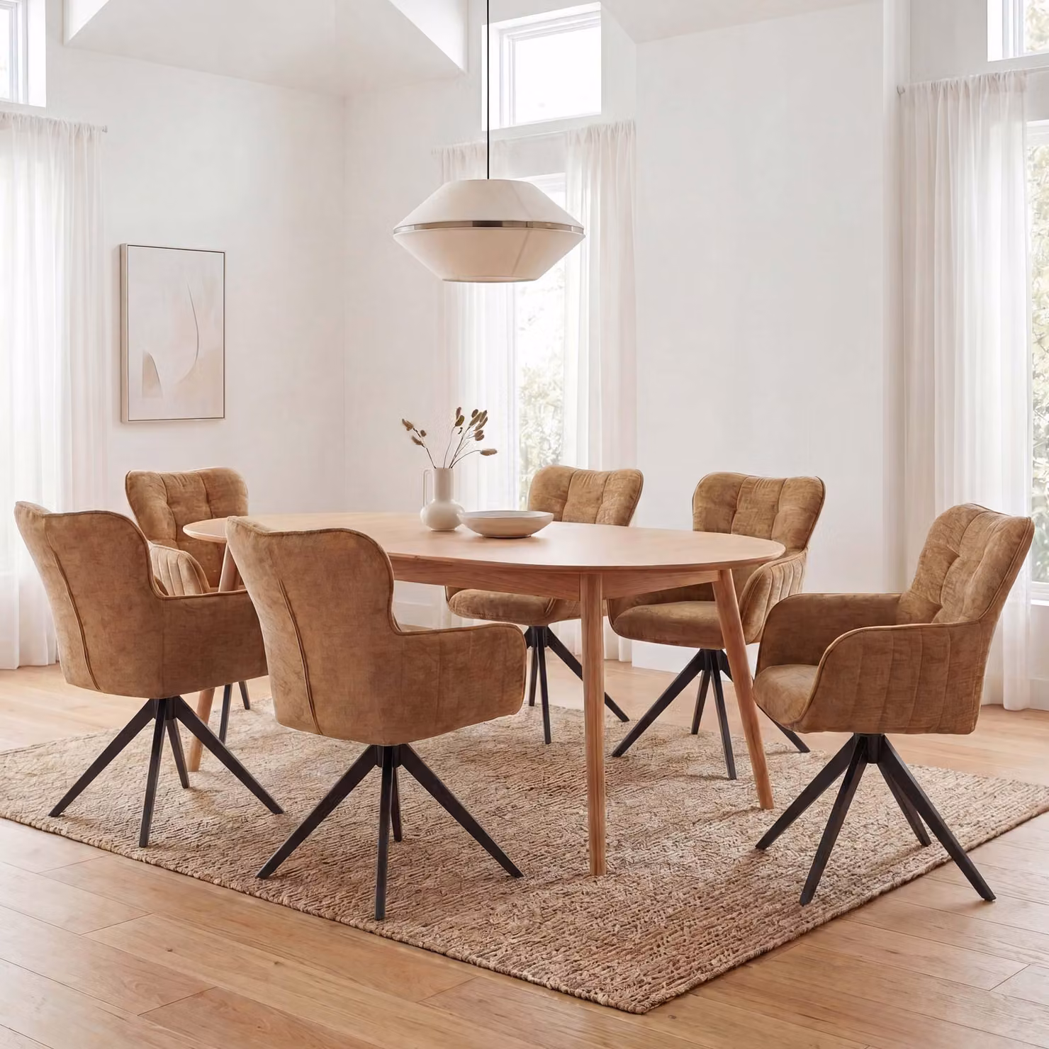 Set di 6 sedie da pranzo modello MCW-Q35, con braccioli, girevoli e con sistema di ritorno automatico, rivestite in tessuto chenille (680g/m²), struttura in metallo, colore giallo senape