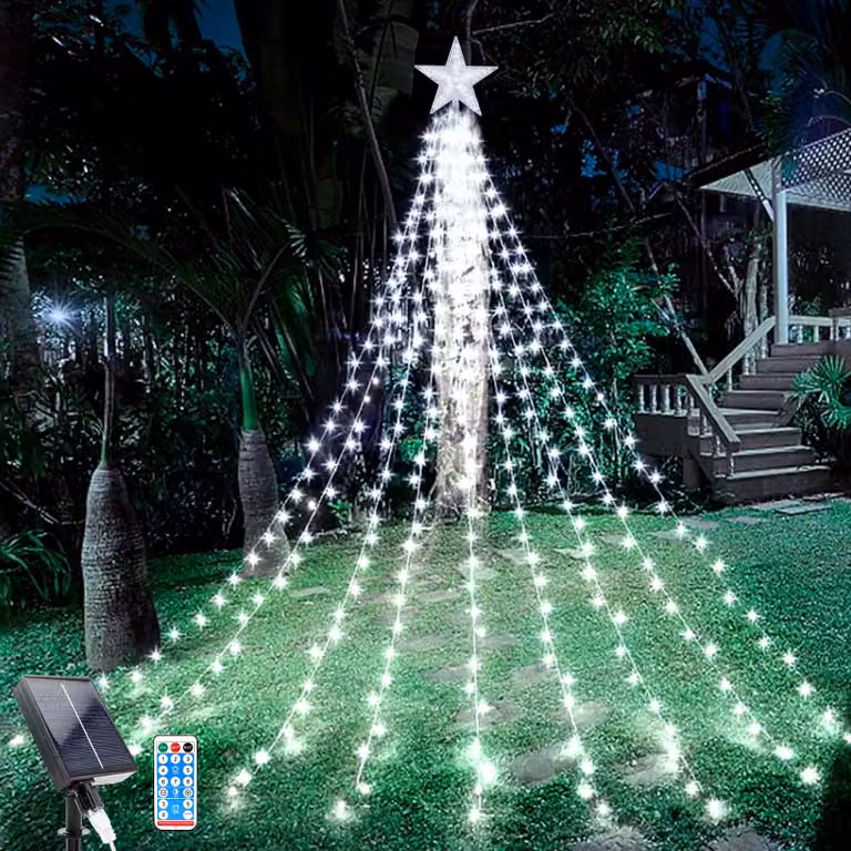 Catena luminosa solare con stelle, 9 fili, 2 metri, 198 LED, 8 modalità