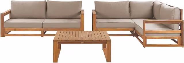 Set da giardino moderno BELIANI in legno di acacia con divano angolare a L, tavolino e cuscini beige e marroni per 4 persone