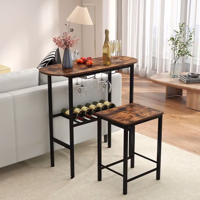 Set da pranzo Costway composto da tavolo ovale e 2 sgabelli con portabottiglie in stile industriale, colore marrone