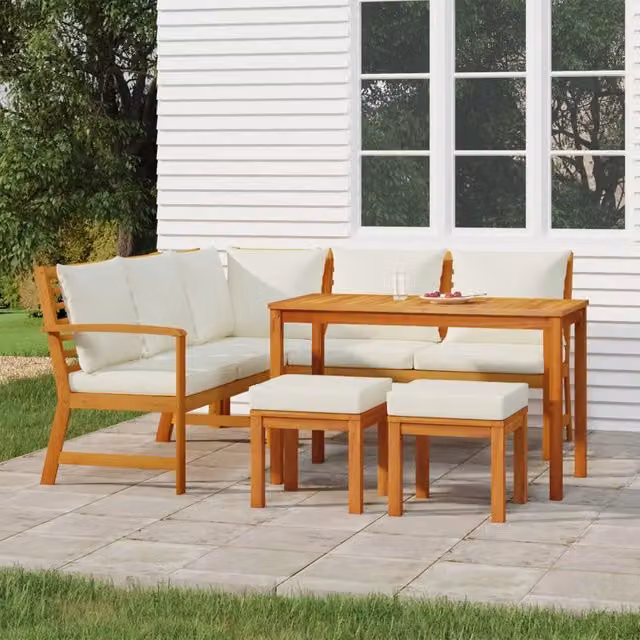 Set da pranzo da giardino vidaXL in legno di acacia con 6 cuscini, marrone e bianco, L: 110 cm, P: 60,5 cm, H: 81 cm