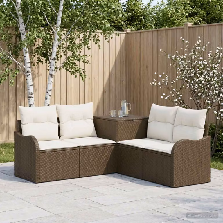 Set di divani da giardino vidaXL in polyrattan marrone e bianco con pouf e cuscini inclusi, design moderno a L con struttura in metallo