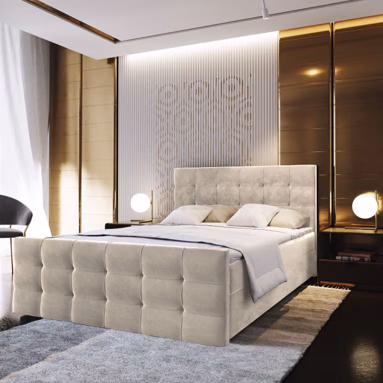 Letto a molle Masseno AMON 160x200 cm completo di materasso e topper Bonell, letto imbottito con cassettiera -Beige, COSMIC 10
