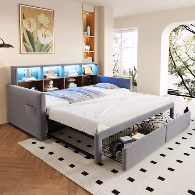 Letto imbottito in velluto grigio chiaro con illuminazione a LED e porta USB 90x190 cm