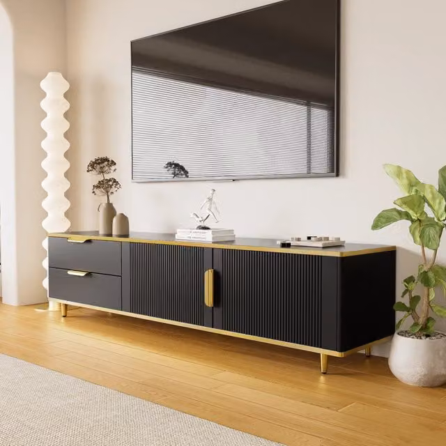 Mobile porta TV moderno OKWISH per soggiorno con 2 cassetti e 2 ante scolpite in MDF e pannello truciolare, nero e oro, L: 170 cm, P: 37 cm, H: 45 cm