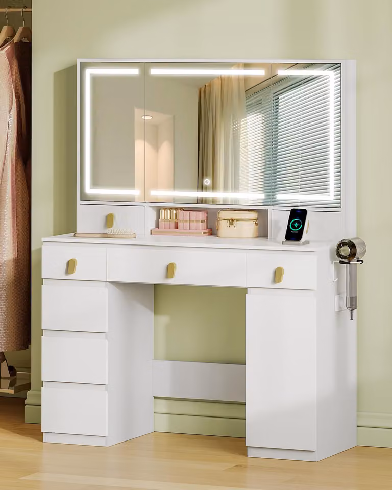 Comò con specchio e illuminazione - Legno - 8 cassetti - Arredamento per la camera da letto
