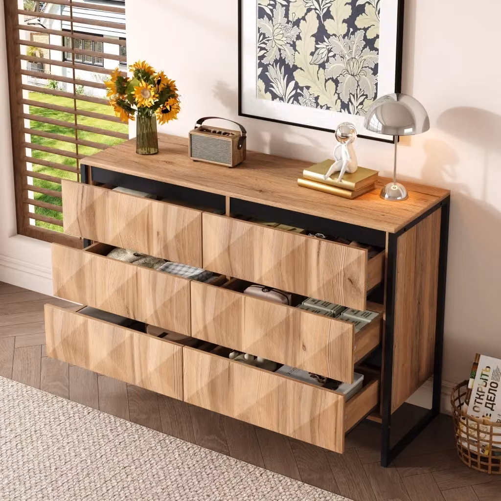 Sideboard moderno con sei cassetti in truciolare nero e naturale con telaio in metallo L/P/H: 120 x 40 x 80 cm – 2