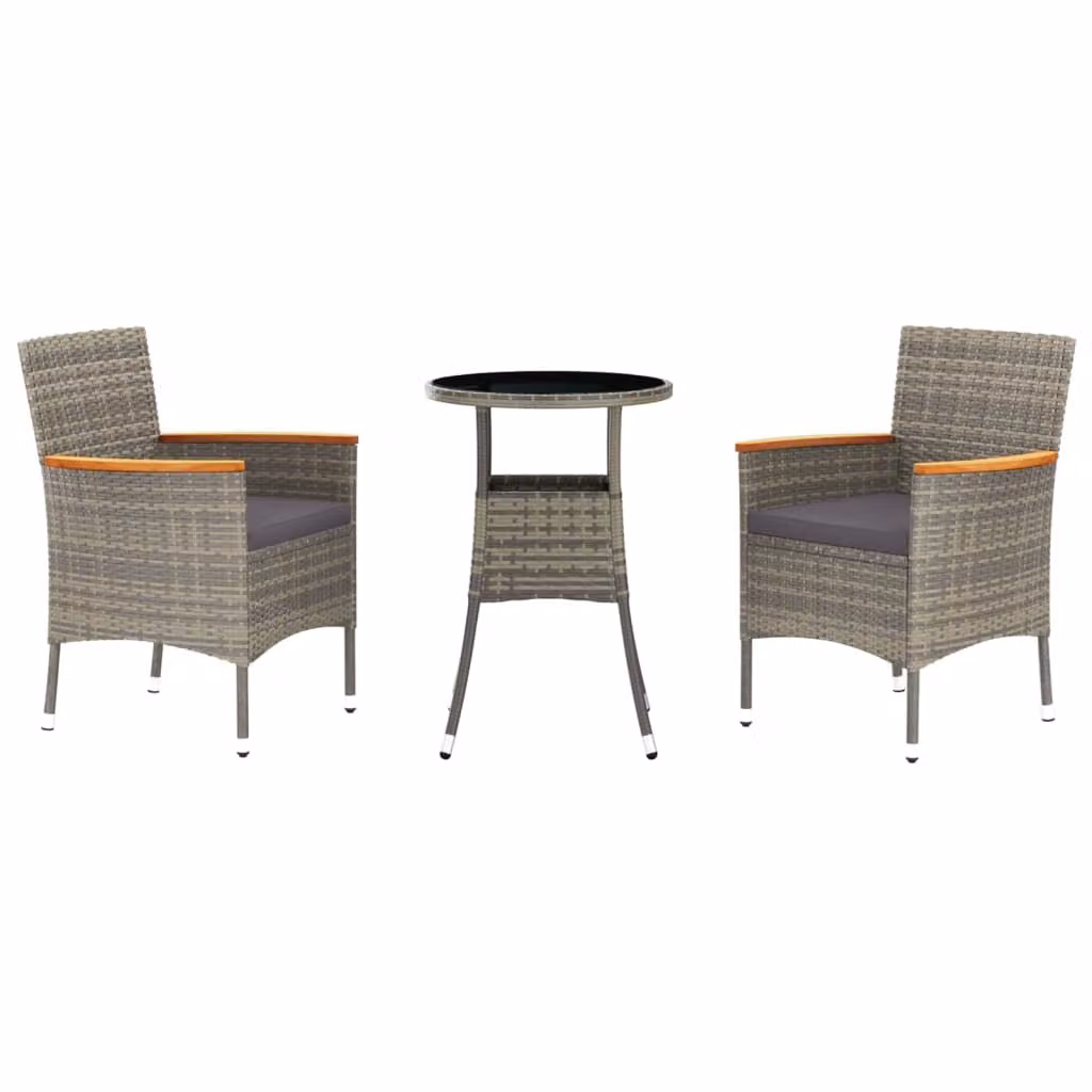 Set Bistrò da Giardino 3 pz con Cuscini in Polyrattan Grigio