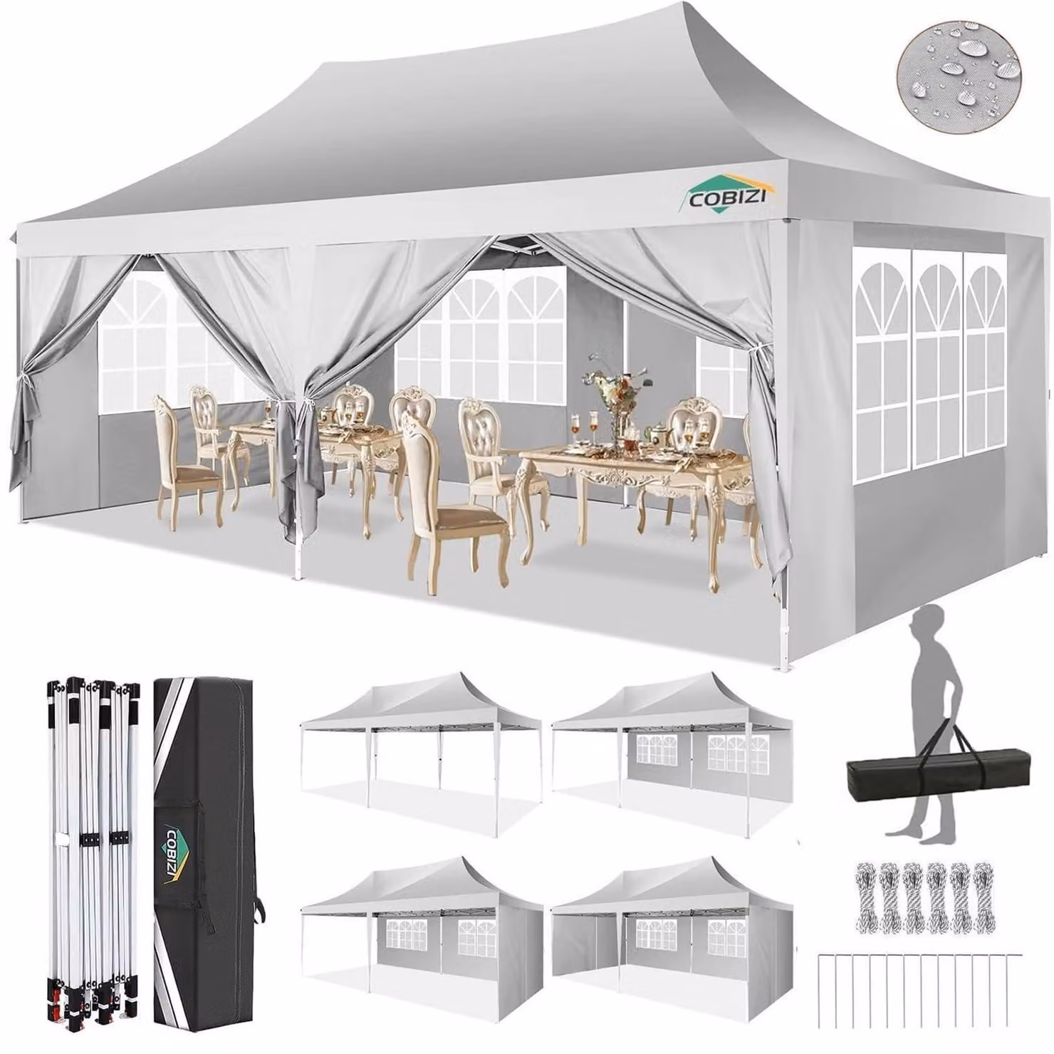 Gazebo da esterno 3x6 metri, colore bianco, tessuto Oxford 210D, protezione UV UPF50+, altezza regolabile da 300 a 320 cm, con 6 pannelli laterali