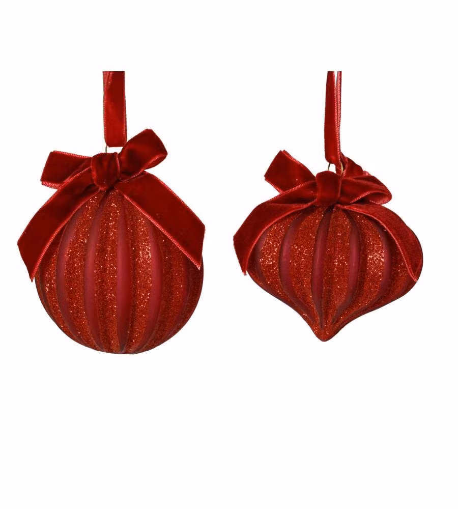Decoris Pallina Natale Vetro Glitter Rosso 8 cm con Fiocco Velluto