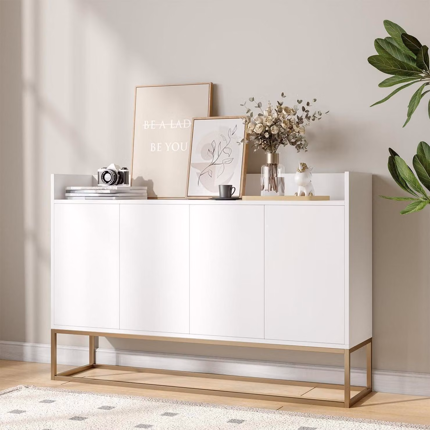 Mobile contenitore a 4 ante, senza maniglie, bianco, dimensioni 120x30x80 cm, realizzato in pannello di particelle, MDF e struttura in metallo