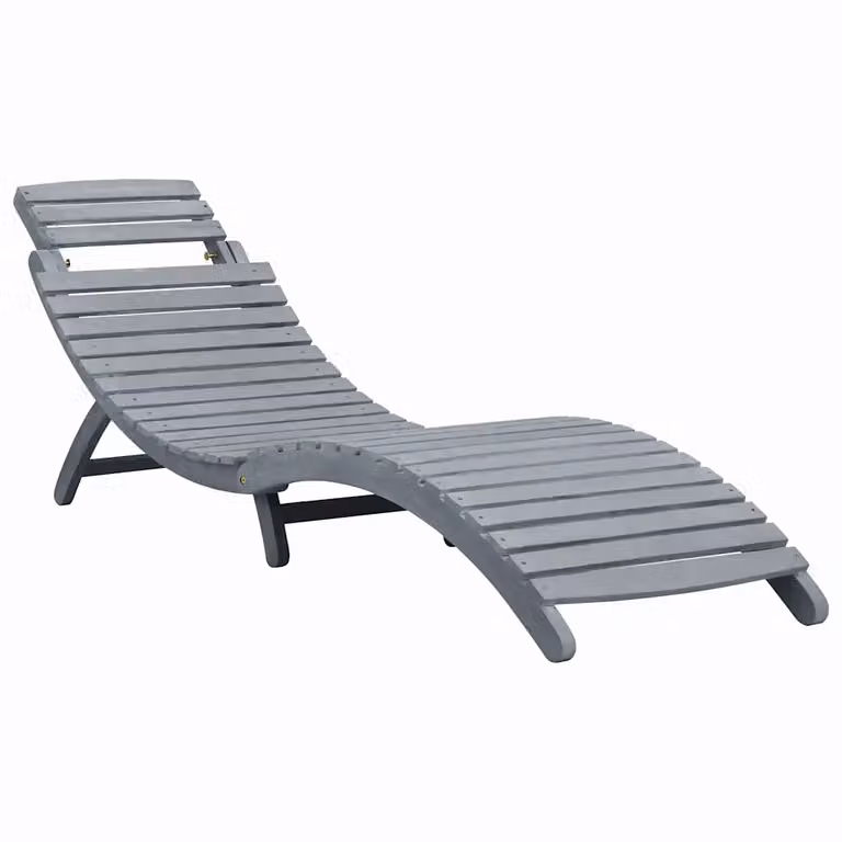 Lettino prendisole in legno di acacia con cuscino in tessuto resistente ai raggi UV grigio e blu per giardino e terrazza