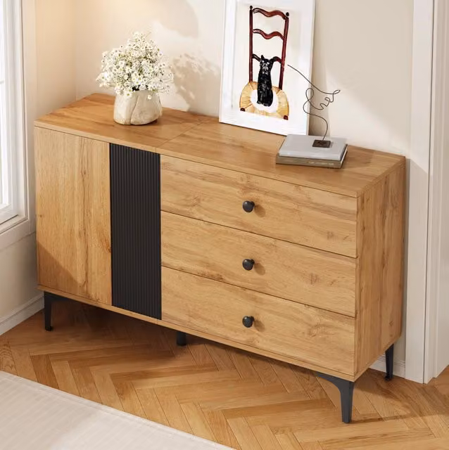 Sideboard minimalista in MDF e metallo con anta e 3 cassetti, colore nero e marrone, L/P/H: 120 x 35 x 76 cm