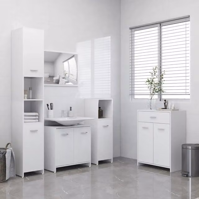 Set di mobili da bagno moderno vidaXL in MDF bianco composto da mobile lavabo, armadio alto, armadietto a muro e specchiera, montaggio a parete