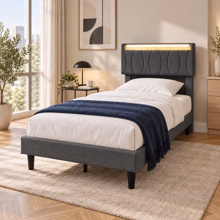 Letto singolo INONEFT, 90 x 200 cm, con porta USB, letto imbottito per ragazzi con LED, letto singolo silenzioso con rete a doghe e testiera in lino (grigio, 90 x 200 cm)