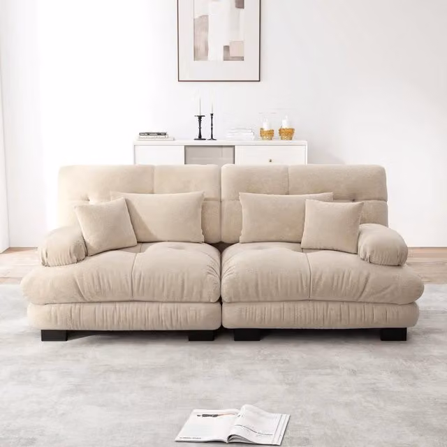 Divano 2 posti in ciniglia marrone chiaro con telaio in legno massello, 220x77x81 cm, include 4 cuscini