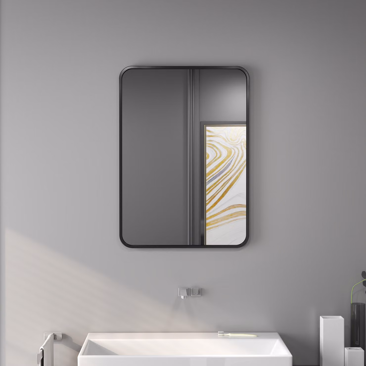 Specchio da bagno moderno HOMCOM con cornice in metallo e gancio, Nero, L: 50 cm, P: 2,5 cm, H: 70 cm – 2