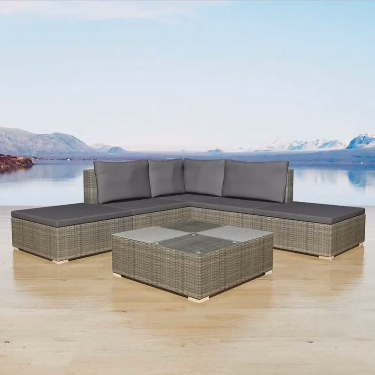 Set Divani da Giardino vidaXL 6 pz con Cuscini e Tavolino, Design Moderno a L in Polyrattan Grigio con Struttura in Acciaio