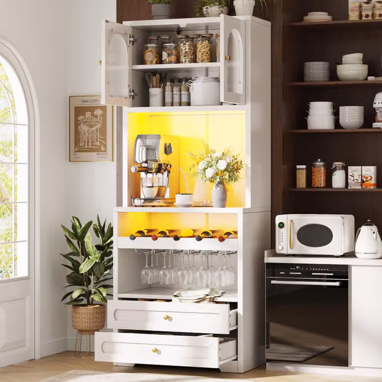 Armadio alto da 180 cm con ante in vetro bombato, illuminazione a LED, mobili da cucina con ripiani regolabili, scaffale per vino, porta USB, mobile contenitore, colore bianco