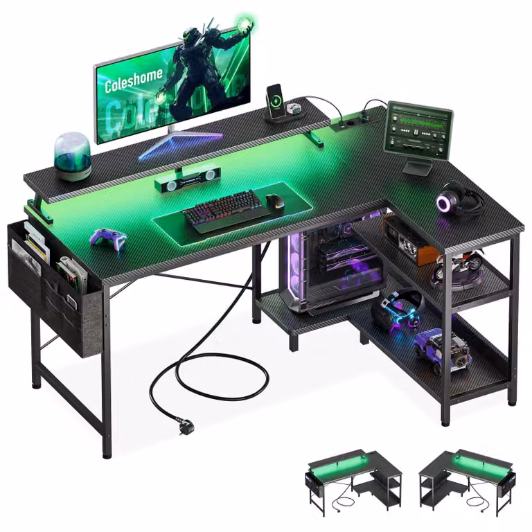 Scrivania gaming a forma di L - 120x80 cm - Nera - In metallo e MDF - Con illuminazione LED