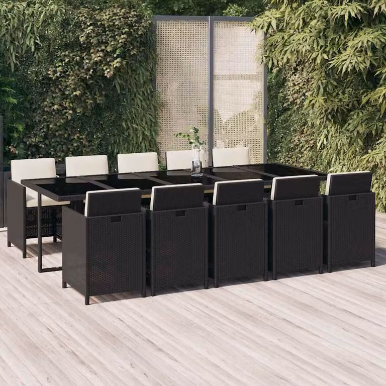 vidaXL Set da Pranzo da Giardino Moderno in Polyrattan con Tavolo in Vetro e 11 Cuscini Nero e Bianco