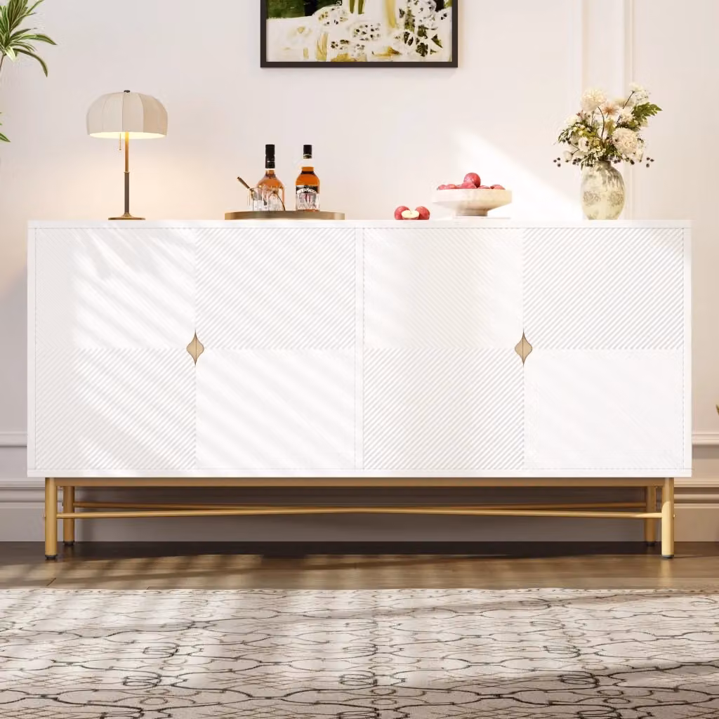 Credenza e madia Chicfurn a 4 ante con superficie in rilievo e maniglie dorate, colore bianco e dettagli lucidi, ideale per soggiorno o camera da letto, L/P/H: 160 x 40 x 82 cm – 2
