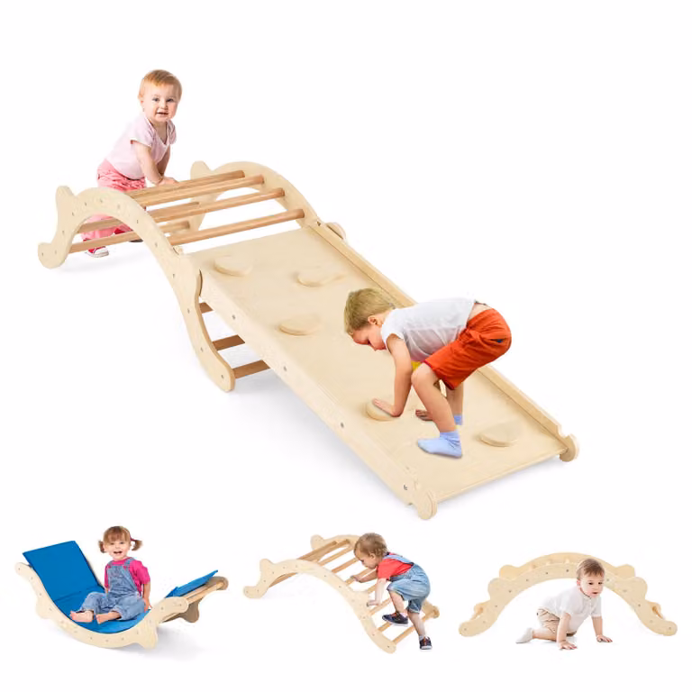 COSTWAY 3 in 1 arco di arrampicata per interni, triangolo di arrampicata con cuscino e scivolo reversibile in legno, struttura di arrampicata per bambini per scivolare, arrampicarsi e dondolarsi 1 +natura
