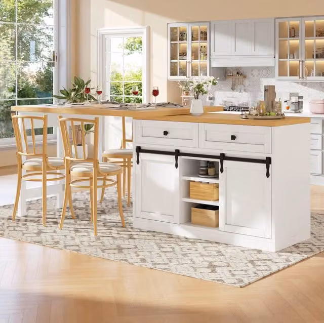 Isola cucina girevole 360° con ante scorrevoli stile country 120–197 cm, 2 cassetti e ripiani regolabili, bianco