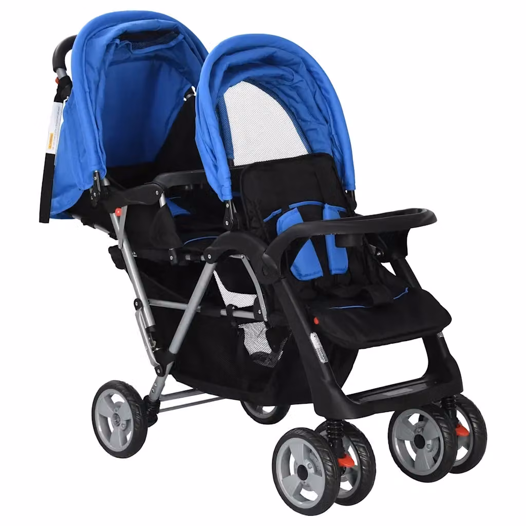 Passeggino Gemellare a Tandem Pieghevole vidaXL in Acciaio Blu e Nero L/P/H: 108 x 41 x 118 cm – 2
