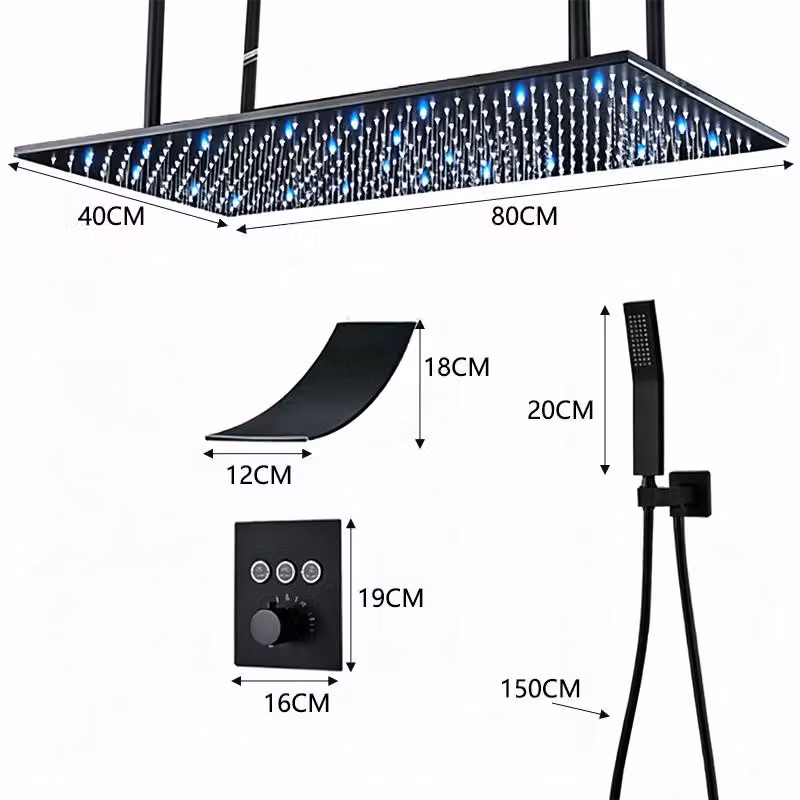 Sistema doccia termostatico a incasso, soffione a pioggia, doccetta manuale, colore nero, modello 4080