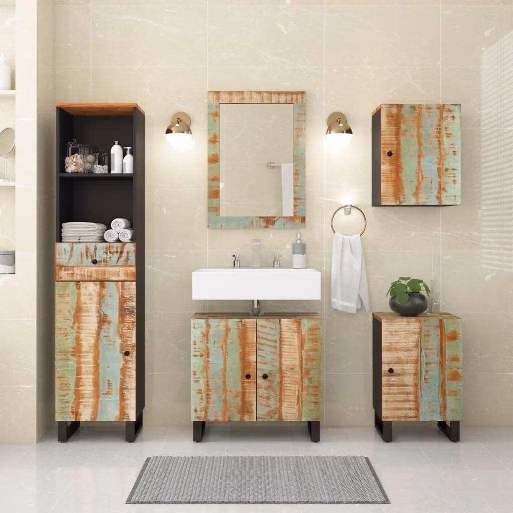 Set di mobili da bagno vidaXL in legno massello di recupero stile rustico, 5 pezzi marrone multicolore
