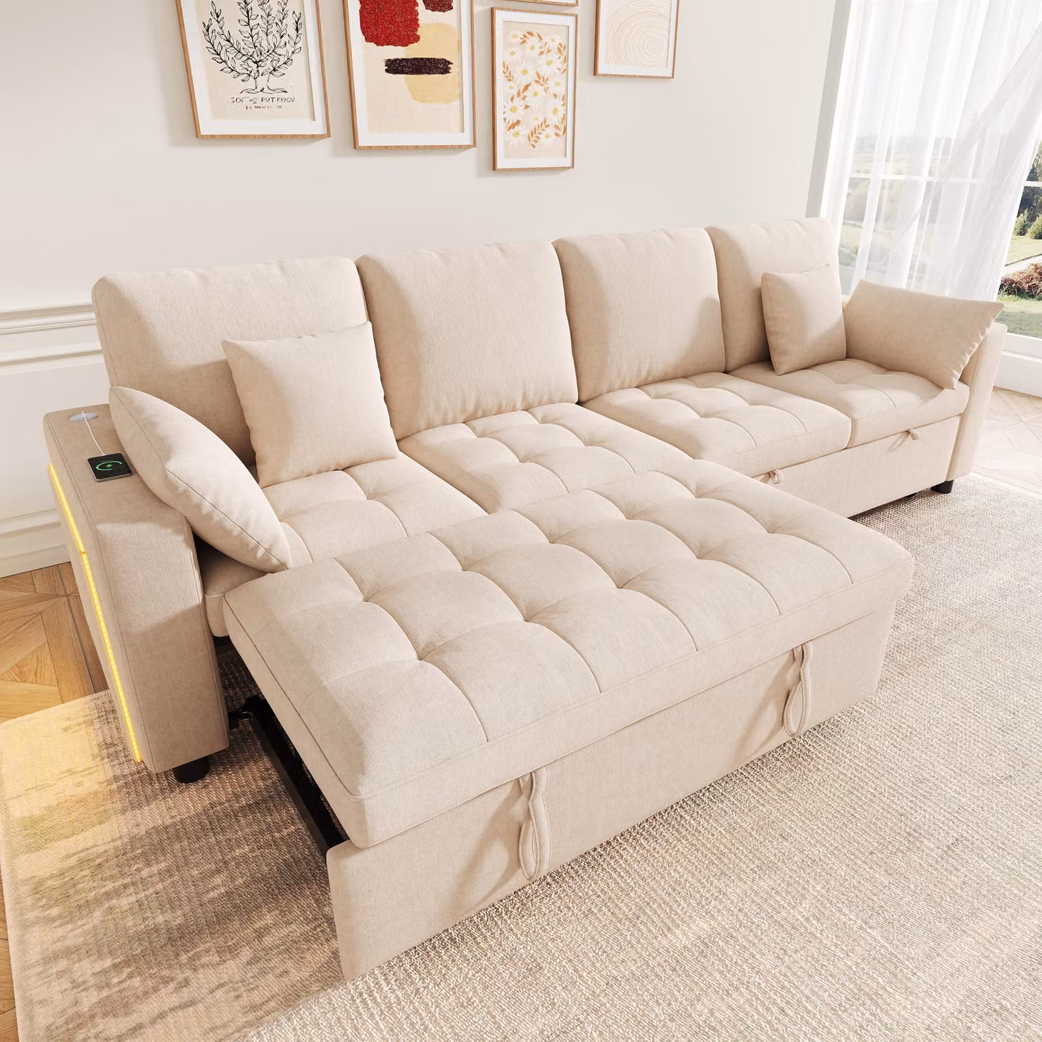 Divano angolare MODFU, divano letto a forma di L, 4 posti, grande divano con 2 posti letto estraibili, divano relax con illuminazione LED e controllo tramite app, tessuto in chenille, color beige