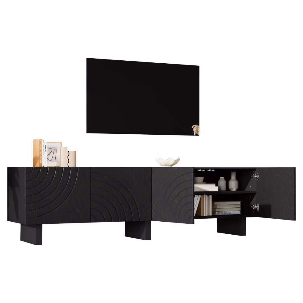 Mobile TV Chicfurn moderno in legno MDF nero per soggiorno con 4 ante, adatto per televisori fino a 75 pollici, L: 180 cm, P: 40 cm, H: 55 cm – 2