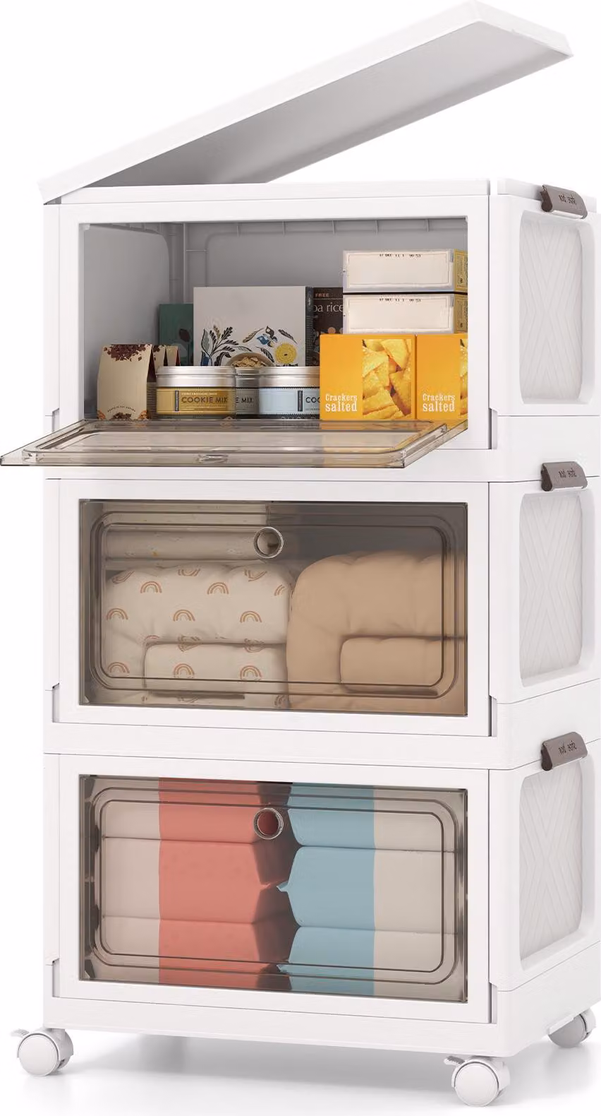COSTWAY 105L scatola pieghevole con coperchio, set di 3 scatole di plastica, contenitori con ruote e sportelli, scatole impilabili, 48x34x82cm, bianco