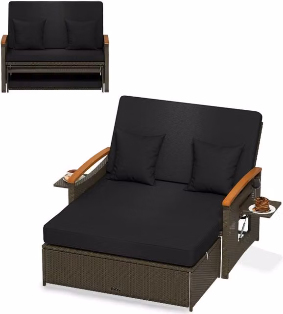 Set divano da giardino in rattan con cuscino e panca contenitore, Divano letto da esterno Nero