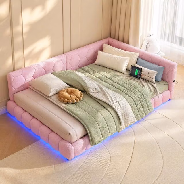 Daybed moderno in tessuto rosa con illuminazione LED sottostante e porte di ricarica USB/Type-C, L/P/H: 200 x 140 x 64,5 cm