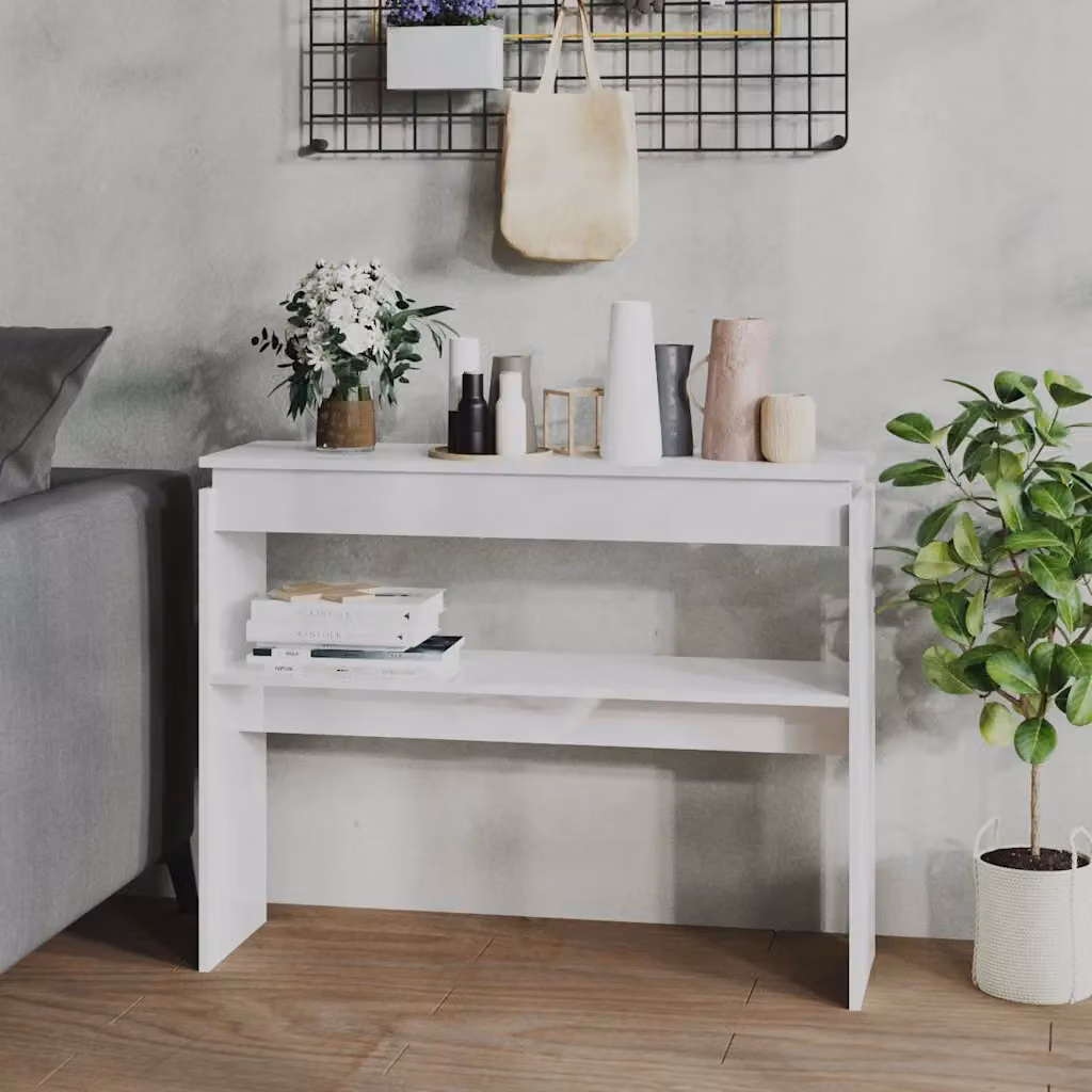 vidaXL Tavolino Consolle Bianco Lucido in Legno Multistrato L: 102 cm, P: 30 cm, H: 80 cm
