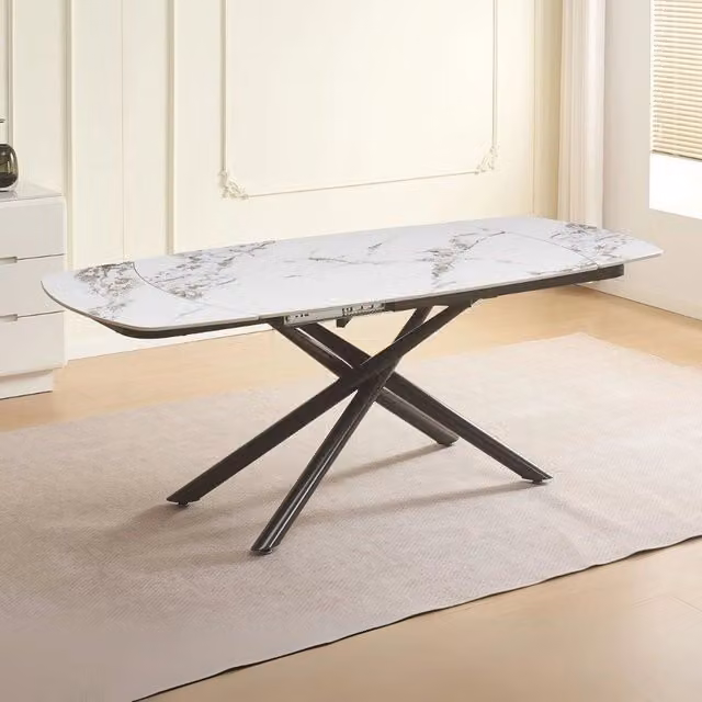 Tavolo girevole allungabile Astrid piano ceramica effetto marmo bianco 140x90x76H