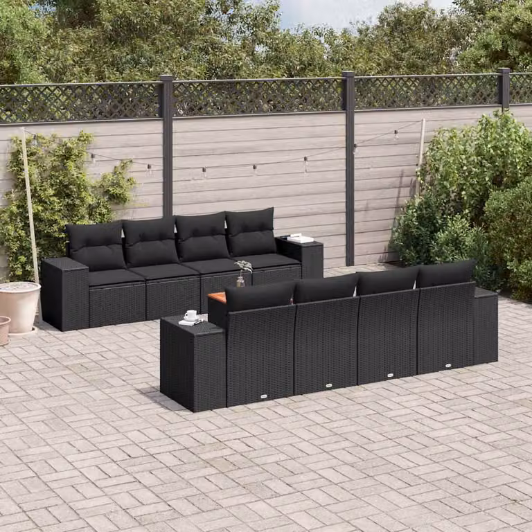 Set di divani da giardino vidaXL 9 pezzi con cuscini e tavolino da esterno nero in polyrattan e struttura in acciaio