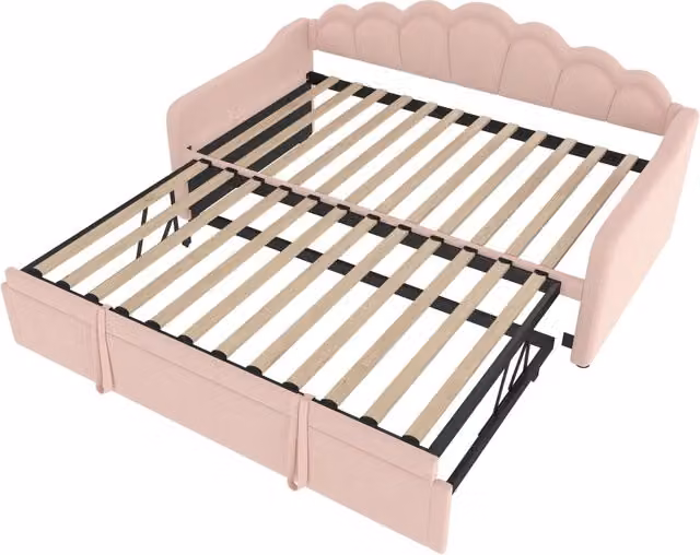 Letto singolo estraibile in velluto rosa con illuminazione LED sottostante e cassetti, L: 90 cm, P: 200 cm, H: 120 cm