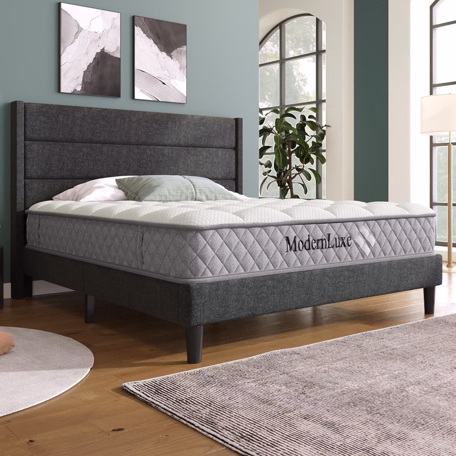 MODFU letto classico con materasso 140x200 letto per ragazzi con piedini con tappetini antiscivolo, letto matrimoniale in tessuto di lino con rete a doghe, grigio