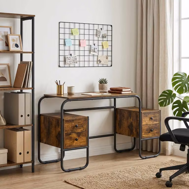 Scrivania con spazio di archiviazione vidaXL in stile industriale, colore marrone, L: 145 cm, P: 60 cm, H: 75 cm