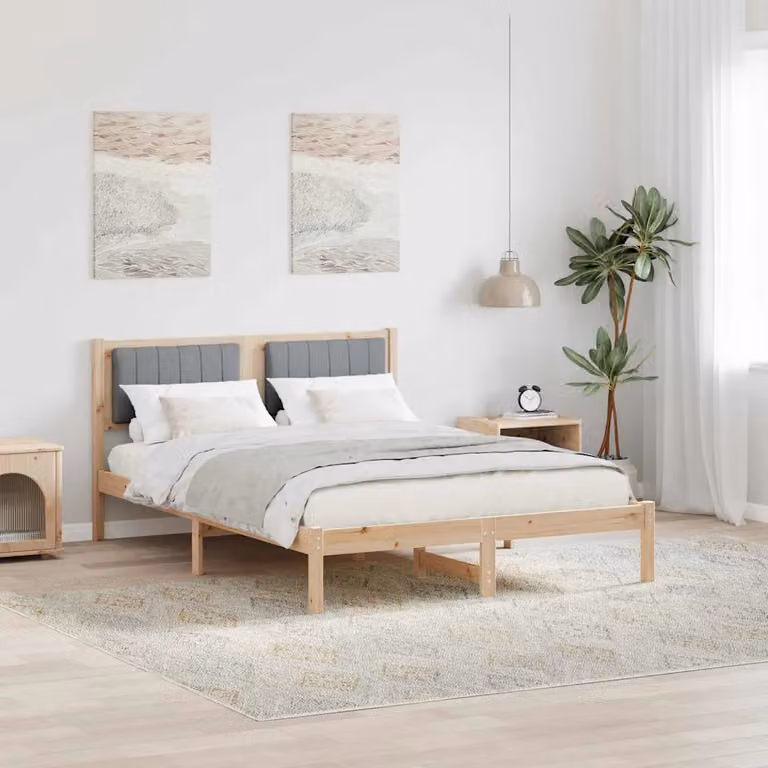 Letto con Testiera Rivestita vidaXL in Legno di Pino Grigio Chiaro L: 140,5 cm, P: 195,5 cm, H: 85,5 cm