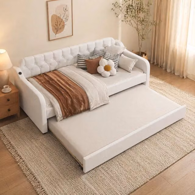 Divano letto estraibile 90x200 cm con USB; 10 doghe; in lino beige e MDF
