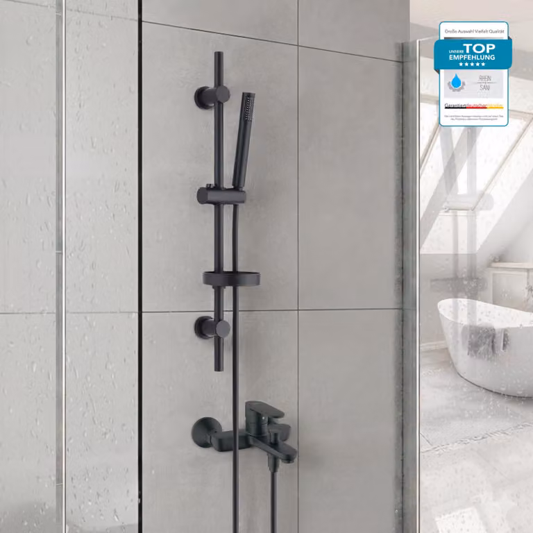 HANSGROHE Miscelatore vasca Vernis Blend, sistema doccia con miscelatore vasca e doccetta o soffione a pioggia, a vista, miscelatore vasca monocomando nero opaco
